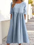 Cotton And Linen Casual Short Sleeve Pocket Pleated Loose Round Neck Dress Light Blue / S