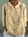 Women’s Vintage Floral Art Print Casual Cotton And Linen 3/4 Sleeve Shirt Multicolor / S