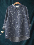 Women’s Vinatge Art Flower Print Casual Cotton And Linen Shirt Blue / S