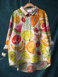 Vintage Lovely Fruits Art Print Casual Cotton And Linen Shirt Multicolor / S