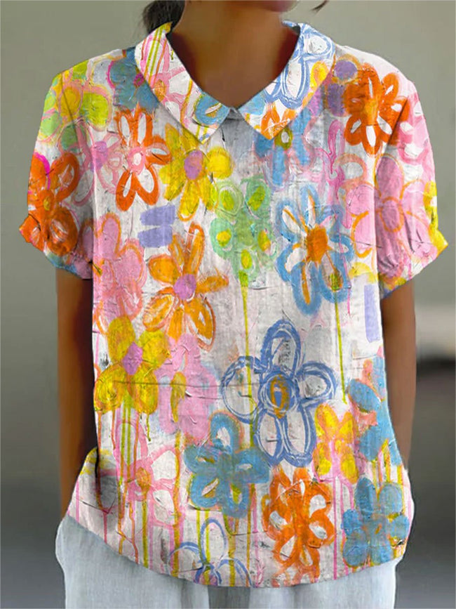 Women’s Vintage Flower Print Casual Cotton And Linen Shirt Multicolor / S