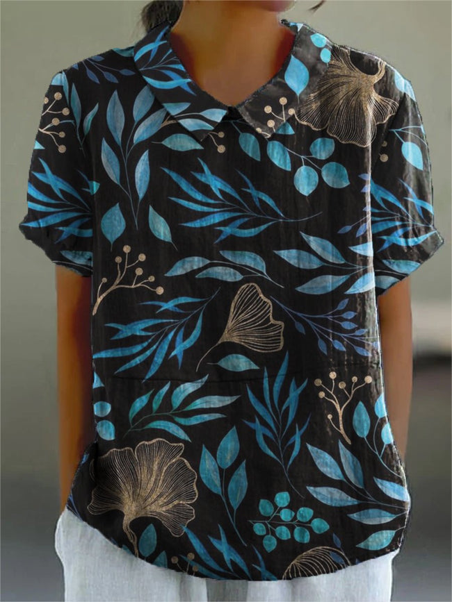 Women's Blue-gold Flower Pattern Casual Cotton And Linen Shirt