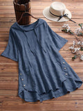 Women’s Plaid Cotton And Linen Button Down Long Tunic Shirt Blue(Shortsleeve) / M