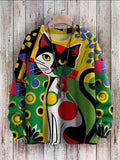 Cute Cat Art Pattern Print Casual Knit Pullover Sweater