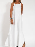 Fashionable Casual Cotton And Linen Slit Slip Dress White / S