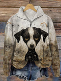 Funny Retro Ink Color Dog Print Casual Zipper Sweatshirt