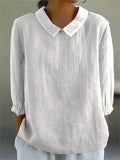 Women’s Solid Color Casual Cotton And Linen 3/4 Sleeve Shirt White / S