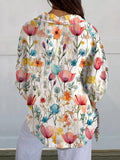 Women’s Colorful Floral Watercolor Print Casual Linen V-Neck Shirt