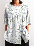 Women’s Blue Floral Print On White Background Casual Cotton And Linen Shirt Multicolor / S