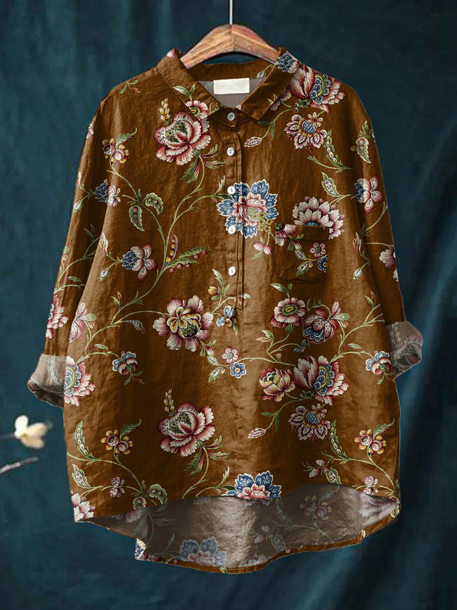 Women’s Floral Art Print Casual Cotton And Linen Shirt Multicolor / S