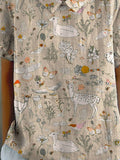 Women’s Vintage Lovely Animals Woodland Art Print Casual Cotton And Linen Shirt