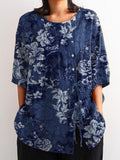 Women’s Vintage Floral Art Print Casual Cotton And Linen Shirt Blue / S