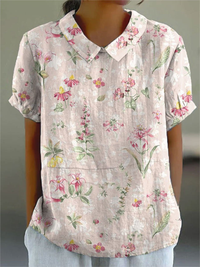 Women’s Flower Print Casual Cotton And Linen Shirt Multicolor / S