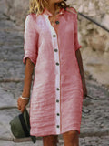 Women’s Spring Summer Mid-Sleeve Button Down Cotton And Linen Dress Pink / S