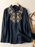 Retro Embroidery Thin Spring Summer Blouse Navy / M