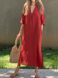 Women’s Solid Color V-Neck Linen Pocket Dress Red / S