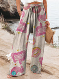 Women’s Retro Pink Donut Patch Print Cotton And Linen Casual Pants Multicolor / S