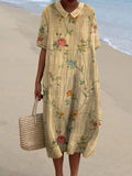 Women’s Vintage Lovely Floral Art Print Casual Pocket Linen Dress（Convertible Dress With Front