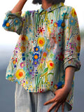 Women’s Vintage Lovely Floral Birds Art Print Casual Cotton And Linen Shirt