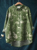 Vintage Lovely Woodland Animals Art Print Casual Cotton And Linen Shirt Green / S