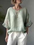 Women’s Solid Color Loose Elegant Casual Cotton And Linen Shirt Green / M