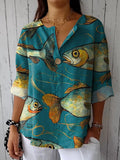 Vintage Fish Art Printed Women’s Casual Cotton Linen Shirt Multicolor / S