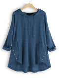 Women’s Plaid Cotton And Linen Button Down Long Tunic Shirt Blue(Longsleeve) / M