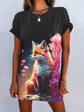 Women's Fox Floral Art Design T-Shirt Dress