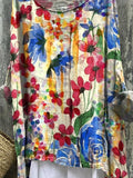 Colorful Watercolor Floral Field Printed Women’s Casual Linen Cotton Pullover Top