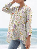 Watercolor Spring Field Pattern Printed Women’s Casual Linen V-Neck Shirt Multicolor / S