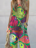 Vibrant Tropical Fish Pattern Printed Women’s Casual 100% Cotton Wide Leg Jumpsuit