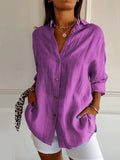 Women’s Single-Row Buttons Pleated Solid Color Shirt Purple / S