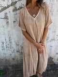 Stylish Cotton And Linen V-Neck Dress Apricot / Xs