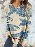 Women’s Vintage Fish Sardines Art Print Button Back Casual Knitted Shirt Multicolor / S