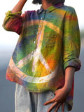 Women’s Rainbow Colored Peace Sign Print Casual Cotton And Linen Shirt