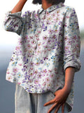 Watercolor Small Floral Pattern Printed Women's Casual Cotton And Linen Shirt