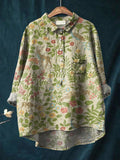 Women’s Vintage Floral Animals Art Print Casual Cotton And Linen Shirt Beige / S