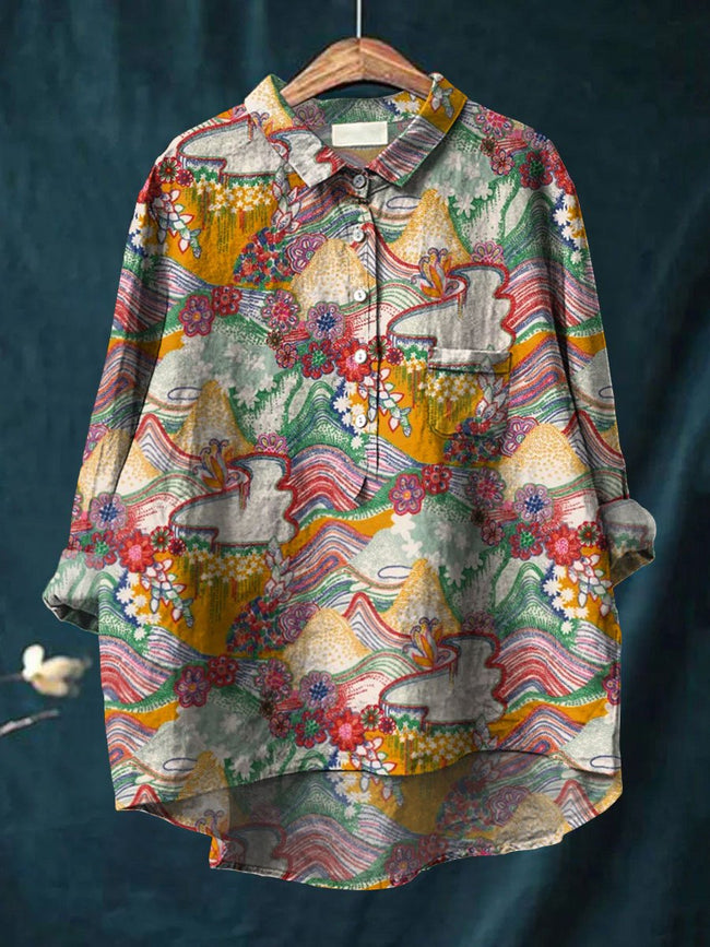 Women’s Flower Art Print Casual Cotton And Linen Shirt Multicolor / S