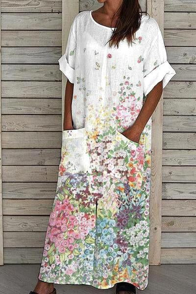 Women’s Color Positioned Floral Print Linen Pocket Dress Multicolor / S