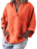 Women’s Solid Color Cotton And Linen V-Neck Long Sleeve Blouse Orange / S