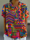 Women’s Vintage Ethnic Pattern Art Print Casual Cotton And Linen Shirt Multicolor / S