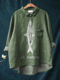 Sardine Fish Graphic Printed Women’s Casual Cotton And Linen Shirt Green / S