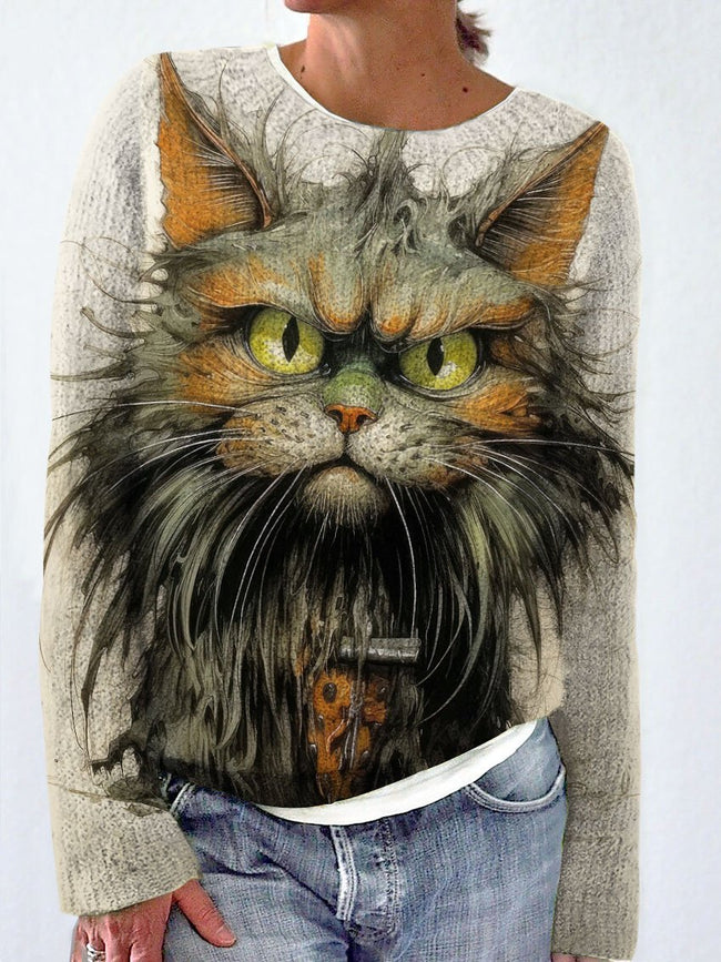 Cute Cat Art Print Knit Pullover Sweater