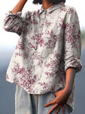 Women’s Red Flower And Bird Print Casual Cotton And Linen Shirt