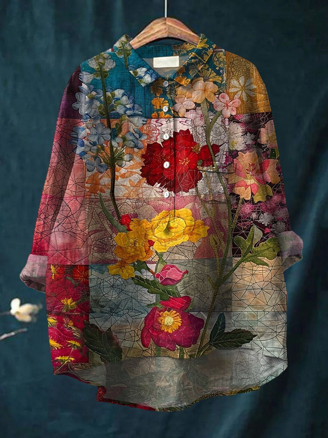 Women’s Vintage Flower Art Print Casual Cotton And Linen Shirt Multicolor / S