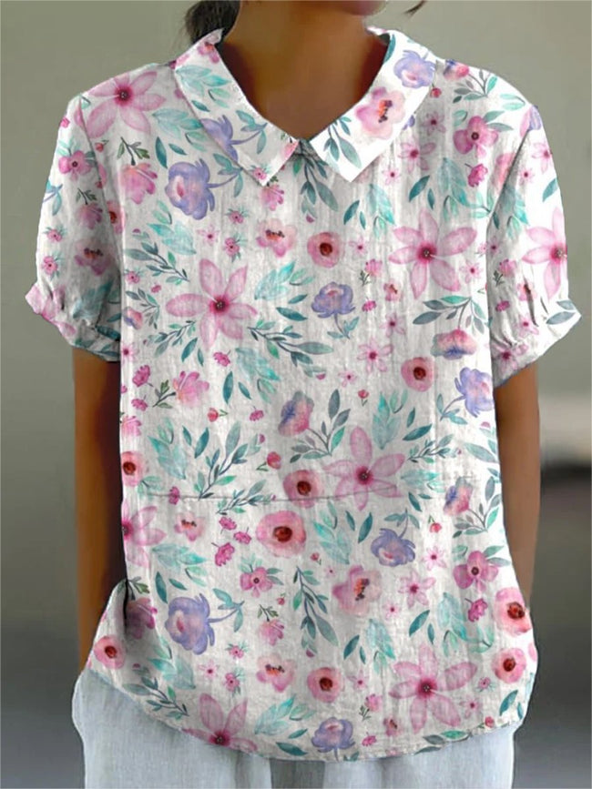 Women’s Pale Pink Florets Print Casual Cotton And Linen Shirt Multicolor / S