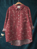 Women’s Vinatge Art Flower Print Casual Cotton And Linen Shirt Red / S