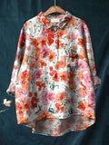 Watercolor Poppy Pattern Printed Women’s Casual Cotton And Linen Shirt Multicolor / S