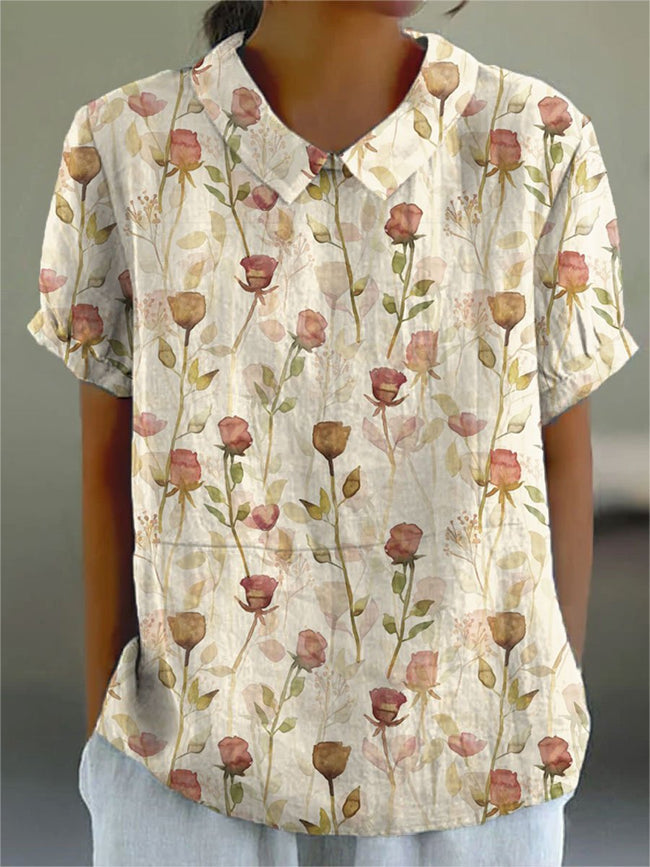 Women’s Rose Flower Print Casual Cotton And Linen Shirt Multicolor / S