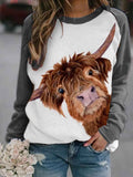 Women Cute Highland Cow Highland Cattle Retro Art Print Casual Long Sleeve Sweatshirt